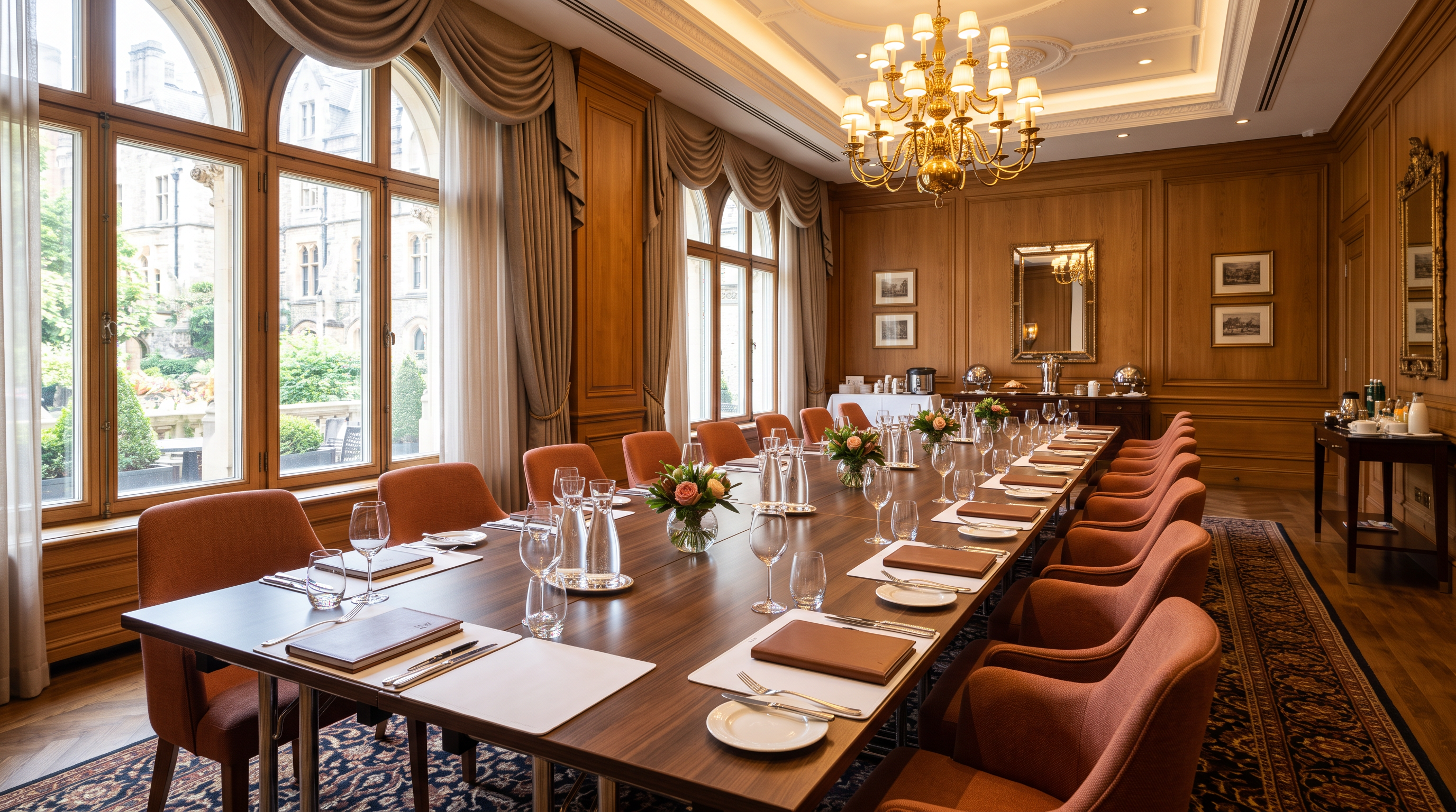 Salón de eventos del hotel con mesa larga y candelabro de bronce