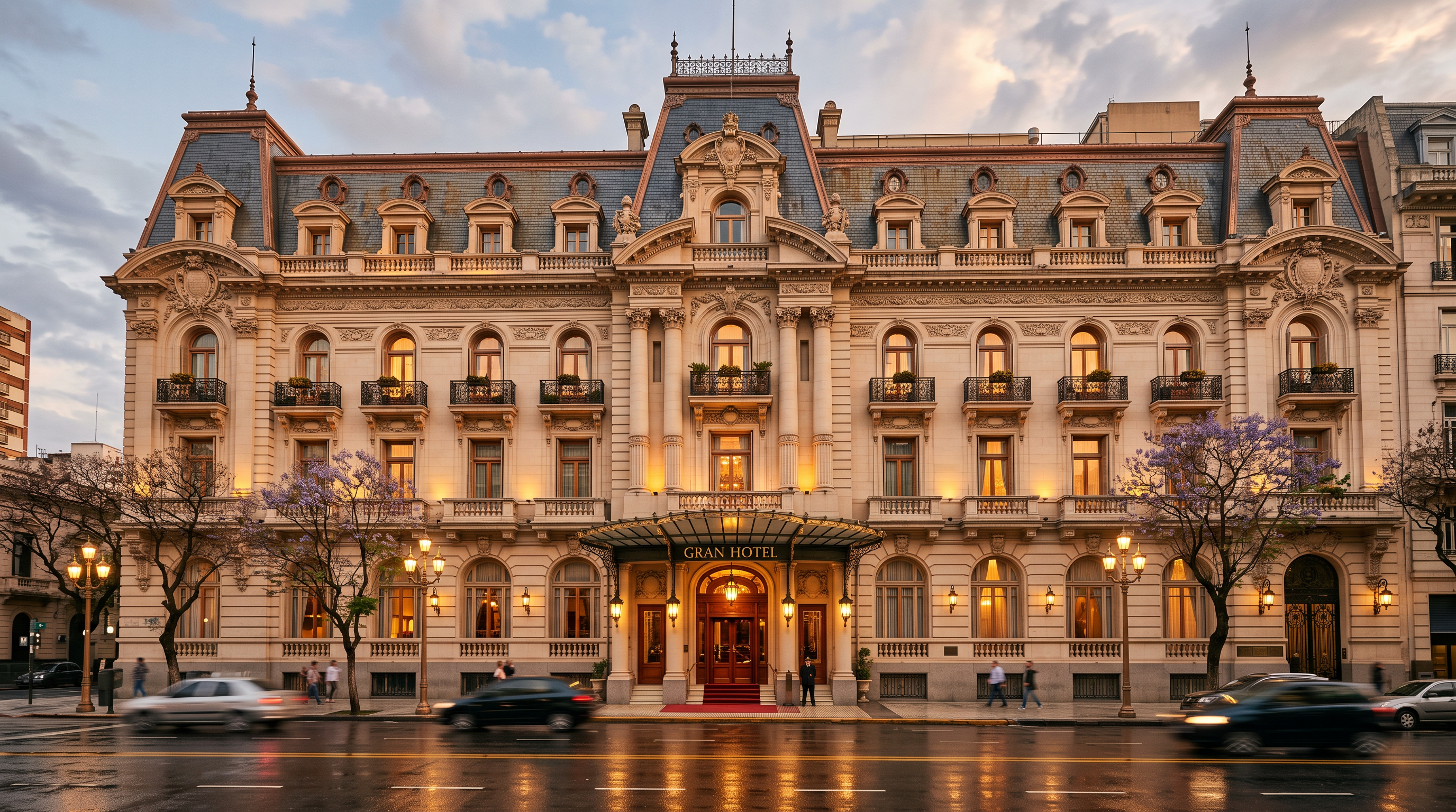 Fachada del hotel al atardecer