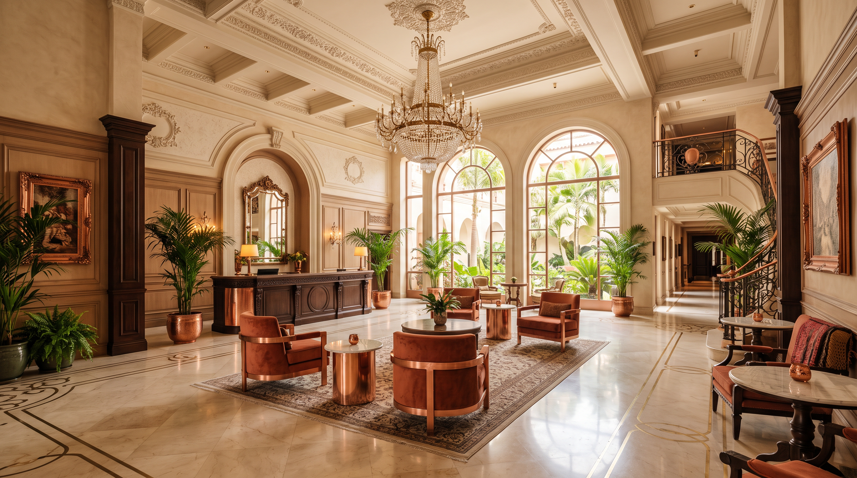 Lobby del hotel con luz cálida