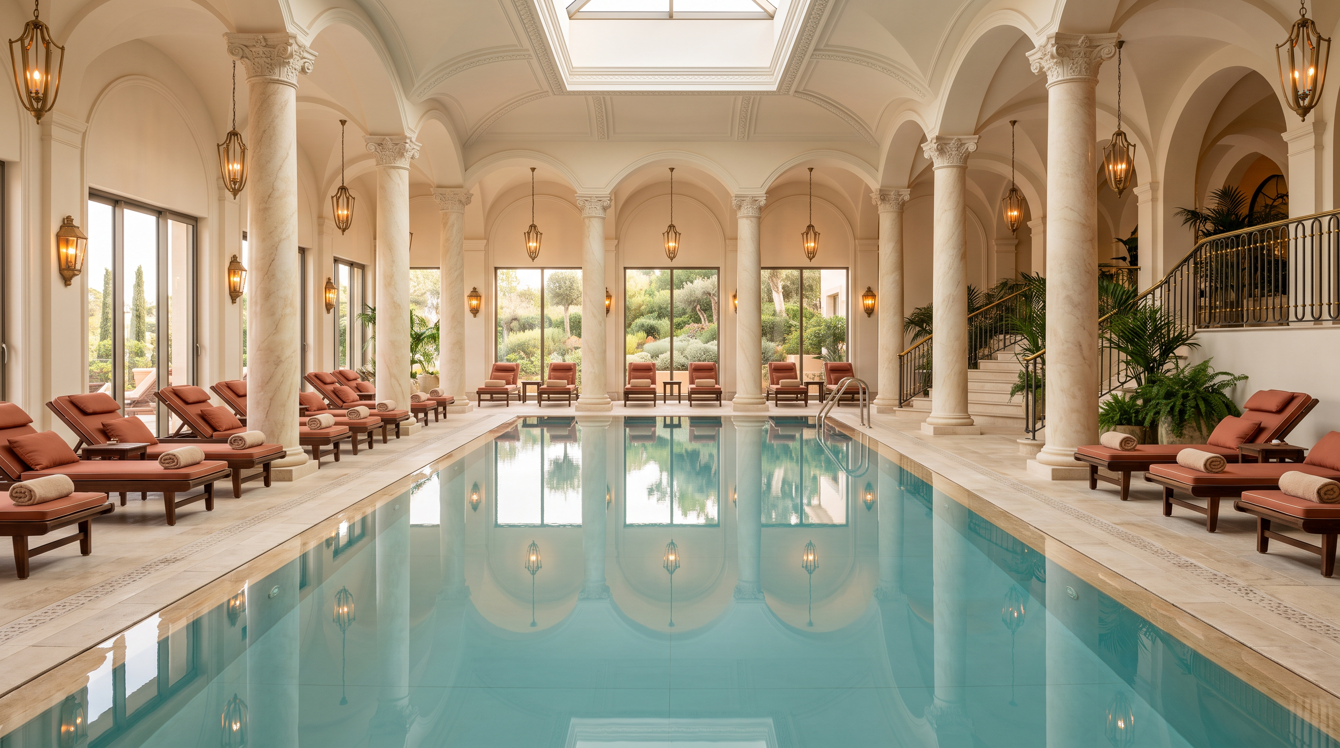 Piscina climatizada del hotel con columnas de mármol